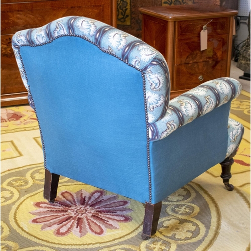 190 - ARMCHAIR, 88cm H x 78cm W, Victorian blue and feather striped upholstery on ceramic castors, stamped... 