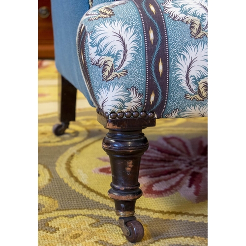 190 - ARMCHAIR, 88cm H x 78cm W, Victorian blue and feather striped upholstery on ceramic castors, stamped... 