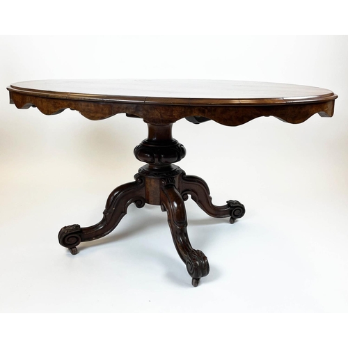 191 - LOO TABLE, 76cm H x 152cm W x 111cm D. mid Victorian walnut and burr walnut, with oval tilt top on c... 