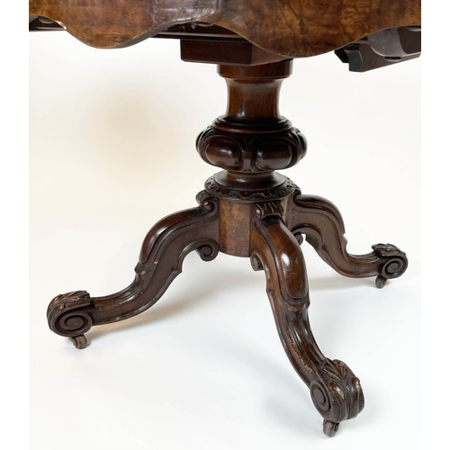 191 - LOO TABLE, 76cm H x 152cm W x 111cm D. mid Victorian walnut and burr walnut, with oval tilt top on c... 