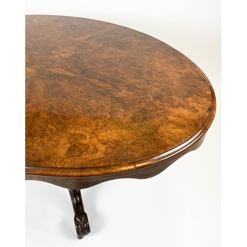 191 - LOO TABLE, 76cm H x 152cm W x 111cm D. mid Victorian walnut and burr walnut, with oval tilt top on c... 