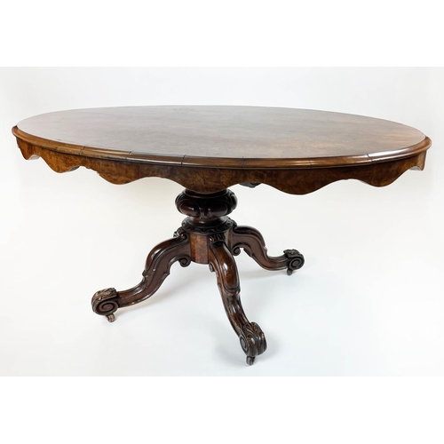 191 - LOO TABLE, 76cm H x 152cm W x 111cm D. mid Victorian walnut and burr walnut, with oval tilt top on c... 