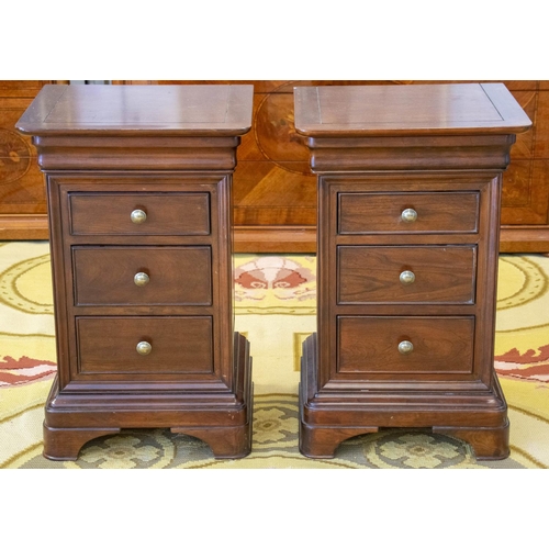 192 - BEDSIDE CHESTS, a pair, 70cm H x 45cm W x 41cm D, cherrywood, with three drawers. (2)