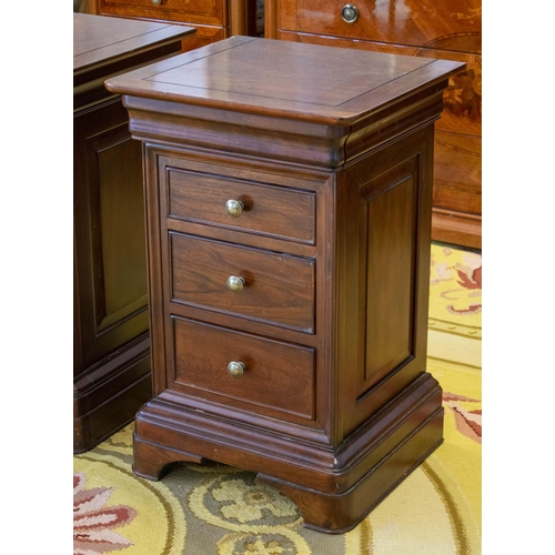 192 - BEDSIDE CHESTS, a pair, 70cm H x 45cm W x 41cm D, cherrywood, with three drawers. (2)