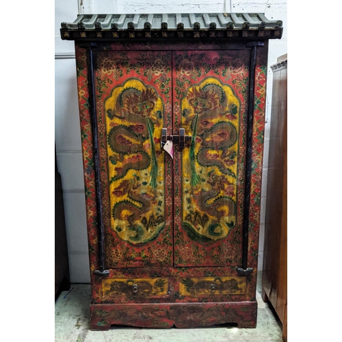 202 - CHINESE MARRIAGE CABINET, 62cm D x 188cm H x 108cm W, polychrome lacquered with an unusual pagoda st... 