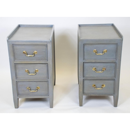 204 - BEDSIDE CHESTS, 74cm H x 39cm W x 48cm D, a pair, grey painted oak, each with three drawers. (2)