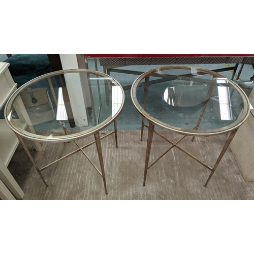 314 - SIDE TABLES, a pair, each 61cm W x 63cm H, glass tops on distressed silver bases.