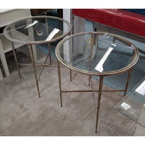 314 - SIDE TABLES, a pair, each 61cm W x 63cm H, glass tops on distressed silver bases.