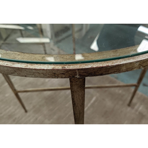 314 - SIDE TABLES, a pair, each 61cm W x 63cm H, glass tops on distressed silver bases.