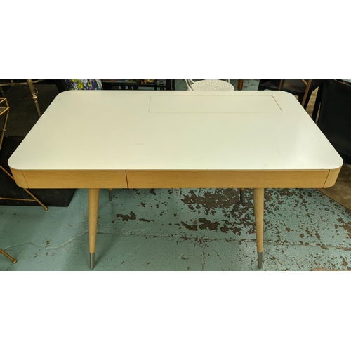 317 - DESK, 124cm W x 72cm D, contemporary style, the white top raised on a wooden base.