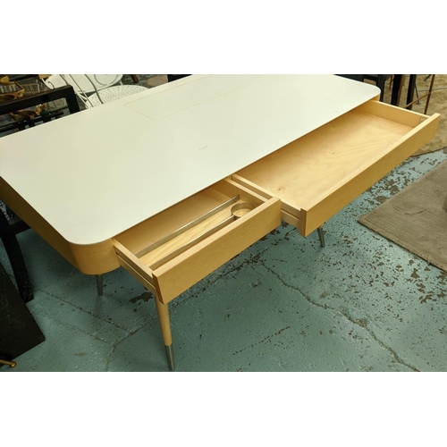 317 - DESK, 124cm W x 72cm D, contemporary style, the white top raised on a wooden base.