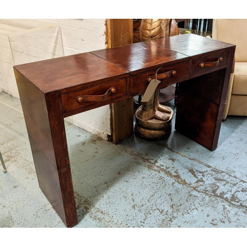 321 - CONSOLE/TABLE DRESSING, 122cm W by 41 D x 81cm T leather with two drawers and a rising central secti... 