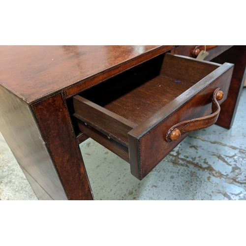 321 - CONSOLE/TABLE DRESSING, 122cm W by 41 D x 81cm T leather with two drawers and a rising central secti... 