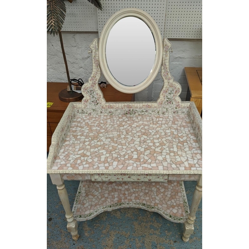 323 - DRESSING TABLE, 91cm W x 134cm H x 52cm D with mosaic style inlay and a floral painted side chair. (... 