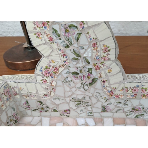 323 - DRESSING TABLE, 91cm W x 134cm H x 52cm D with mosaic style inlay and a floral painted side chair. (... 