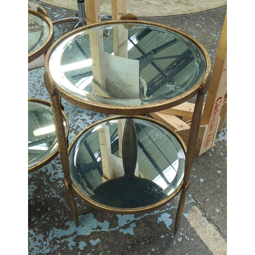 332 - SIDE TABLES, a pair, with bevelled mirrored glass tops and under tiers with distressed hammered gilt... 