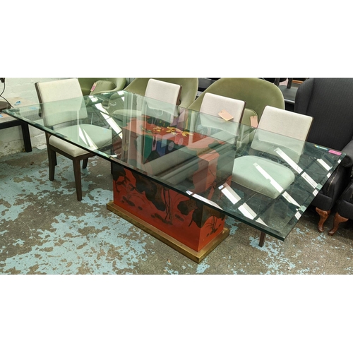 345 - DINING TABLE, 213cm x 117cm x 74cm H, bevelled glass top on lacquered base.