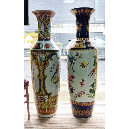 346 - CHINESE TALL VASES, a set of two, 127cm H x 35cm diam., tapered form, transfer printed depicting bir... 