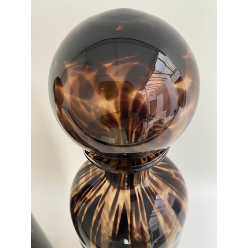 403 - DECANTERS, a pair, 40cm high, 10cm diameter, Murano style tortoiseshell glass, of cylindrical form. ... 