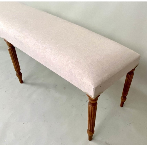 404 - HALL SEAT, 49cm H x 151cm W x 41cm D, neutral linen upholstery, turned and reeded tapered supports.