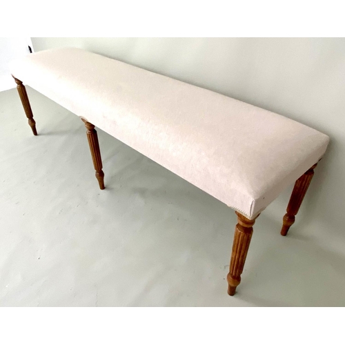 404 - HALL SEAT, 49cm H x 151cm W x 41cm D, neutral linen upholstery, turned and reeded tapered supports.