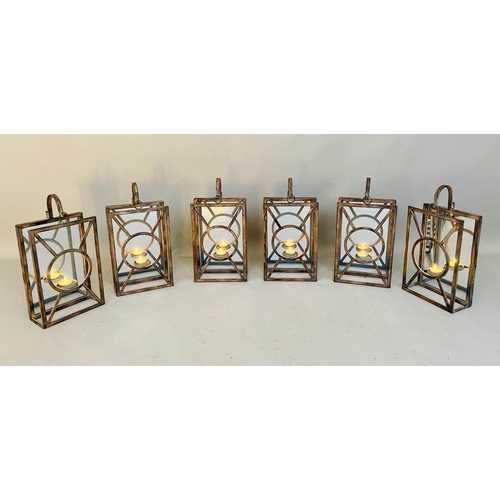 407 - WALL HANGING CANDLE LANTERNS, a set of six, French Art deco style, mirrored back plate detail, 43cm ... 