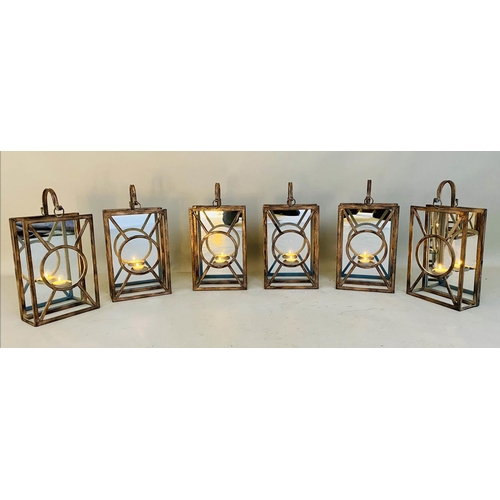 407 - WALL HANGING CANDLE LANTERNS, a set of six, French Art deco style, mirrored back plate detail, 43cm ... 