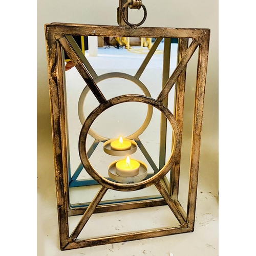 407 - WALL HANGING CANDLE LANTERNS, a set of six, French Art deco style, mirrored back plate detail, 43cm ... 