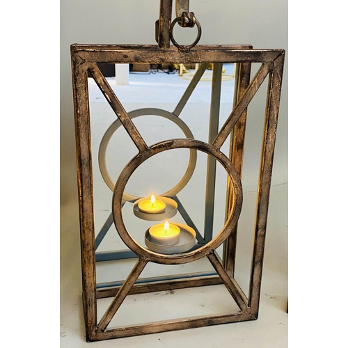 407 - WALL HANGING CANDLE LANTERNS, a set of six, French Art deco style, mirrored back plate detail, 43cm ... 