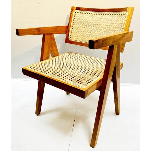 413 - OPEN ARMCHAIR, 80cm high, 56cm wide, 52cm deep, 1950s style, teak frame with canework seat and back.