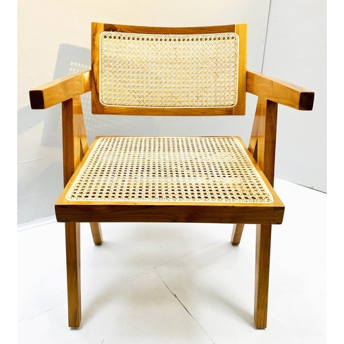 413 - OPEN ARMCHAIR, 80cm high, 56cm wide, 52cm deep, 1950s style, teak frame with canework seat and back.