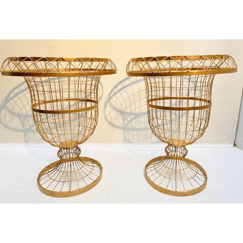 414 - ITALIAN STYLE WIREWORK PEDESTAL URNS, pair, gilt metal. (2)