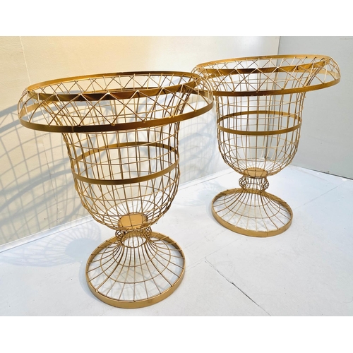 414 - ITALIAN STYLE WIREWORK PEDESTAL URNS, pair, gilt metal. (2)