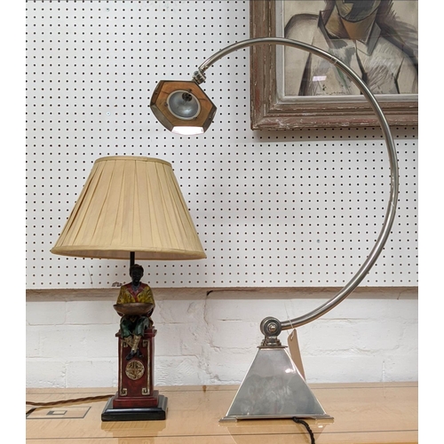 437 - SILVER PLATED CURVED TABLE LAMP, adjustable rotating branch, tripod base, 73cm H, plus a painted fig... 