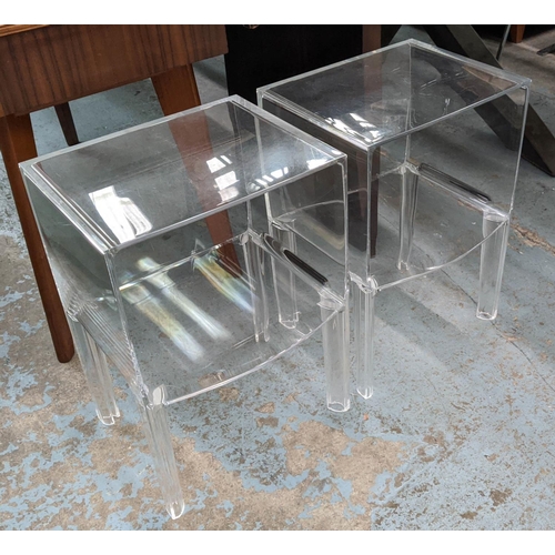 440 - LUCITE SIDE TABLES, pair, of two tier form, bow fronted lower tiers, contemporary, 57cm H x 40cm W x... 