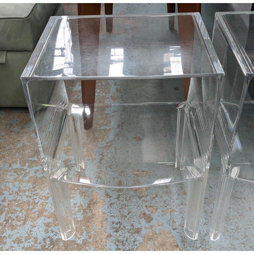 440 - LUCITE SIDE TABLES, pair, of two tier form, bow fronted lower tiers, contemporary, 57cm H x 40cm W x... 