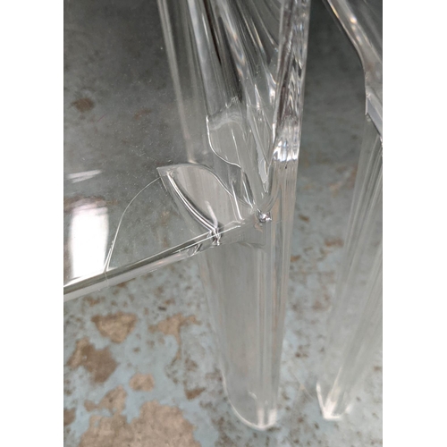 440 - LUCITE SIDE TABLES, pair, of two tier form, bow fronted lower tiers, contemporary, 57cm H x 40cm W x... 