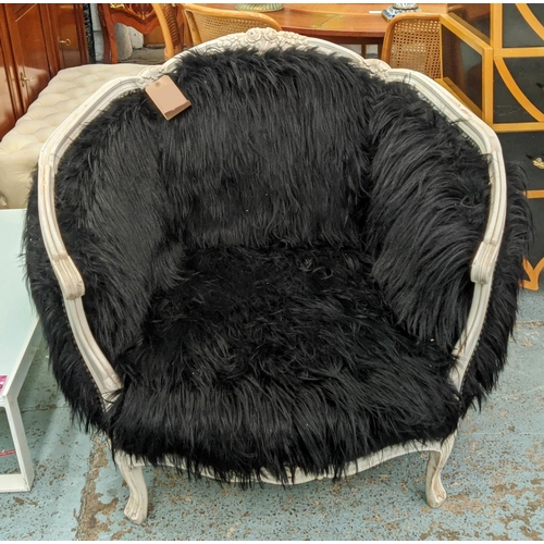 450 - BERGERE, 84cm W x 94cm H, with a painted show frame and black furry upholstery.