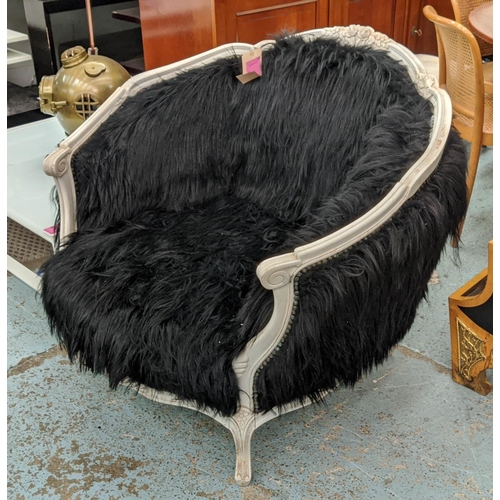 450 - BERGERE, 84cm W x 94cm H, with a painted show frame and black furry upholstery.