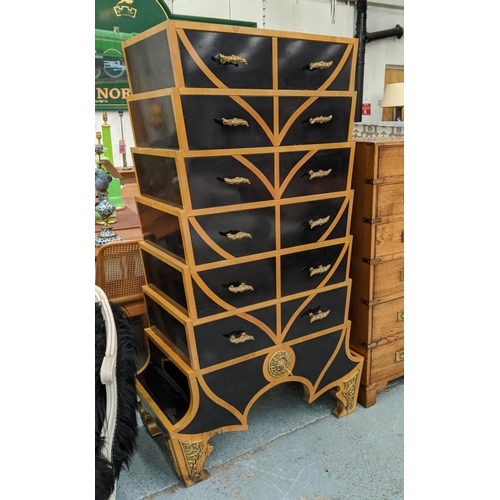 451 - TALL CHEST, 161cm H x 96cm W x 46cm D, of Art Deco influence with stepped sides and gilt handles.