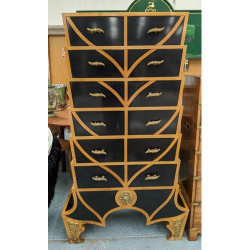 451 - TALL CHEST, 161cm H x 96cm W x 46cm D, of Art Deco influence with stepped sides and gilt handles.