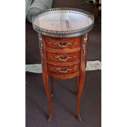 91 - BEDSIDE CHEST, 32cm diam x 73cm H, French style, with a circular glass top and three drawers below o... 