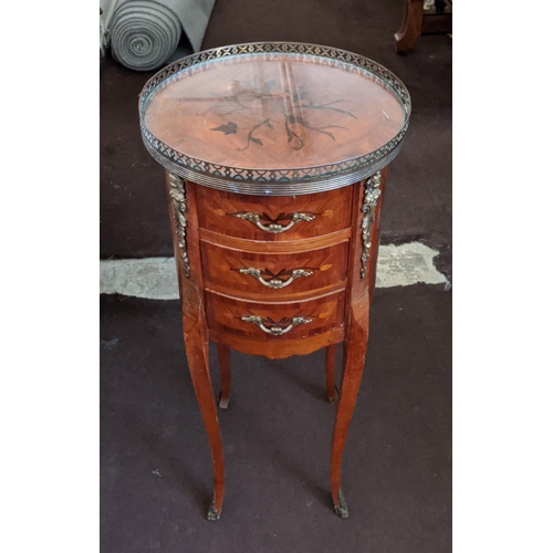 91 - BEDSIDE CHEST, 32cm diam x 73cm H, French style, with a circular glass top and three drawers below o... 