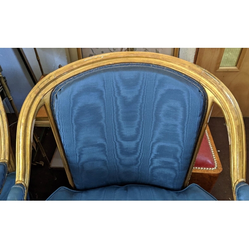 94 - OPEN ARMCHAIRS, a pair, 65cm W x 87cm H 19th century Continental giltwood framed with blue upholster... 