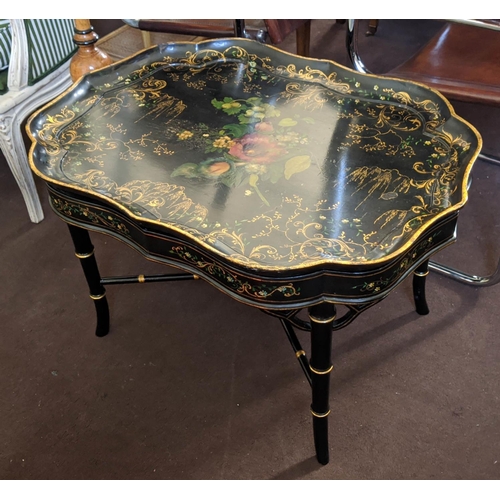 98 - BLACK JAPANNED TRAY 78cm W x 50cm H x 59cm D Victorian papier mâché shaped with gilt and painted flo... 