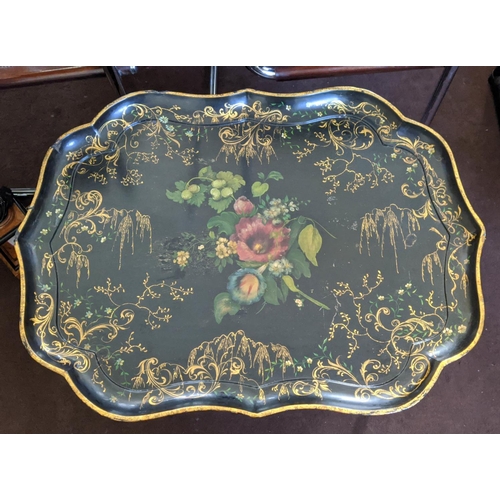 98 - BLACK JAPANNED TRAY 78cm W x 50cm H x 59cm D Victorian papier mâché shaped with gilt and painted flo... 