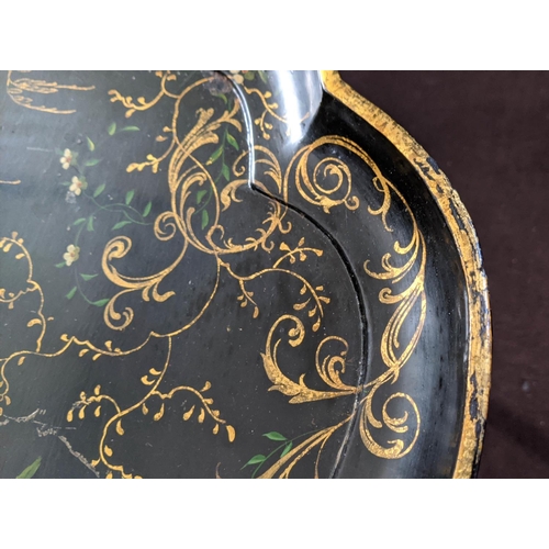 98 - BLACK JAPANNED TRAY 78cm W x 50cm H x 59cm D Victorian papier mâché shaped with gilt and painted flo... 