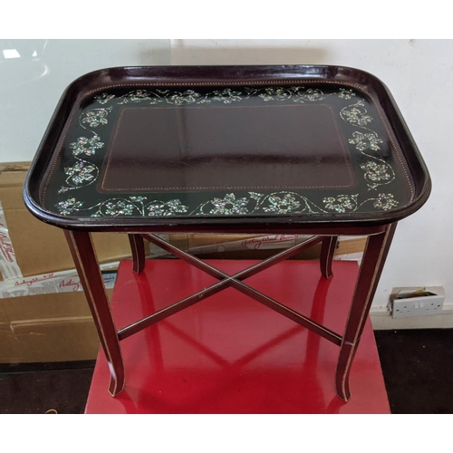 99 - JAPANNED TRAY, 52cm W x 47cm H x 39cm D abalone shell decorated on an associated stand and another l... 