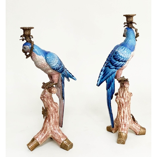 270 - PARROT CANDLESTICKS, a pair, Continental style painted porcelain and gilt metal mounted, 51cm H. (2)