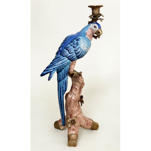 270 - PARROT CANDLESTICKS, a pair, Continental style painted porcelain and gilt metal mounted, 51cm H. (2)